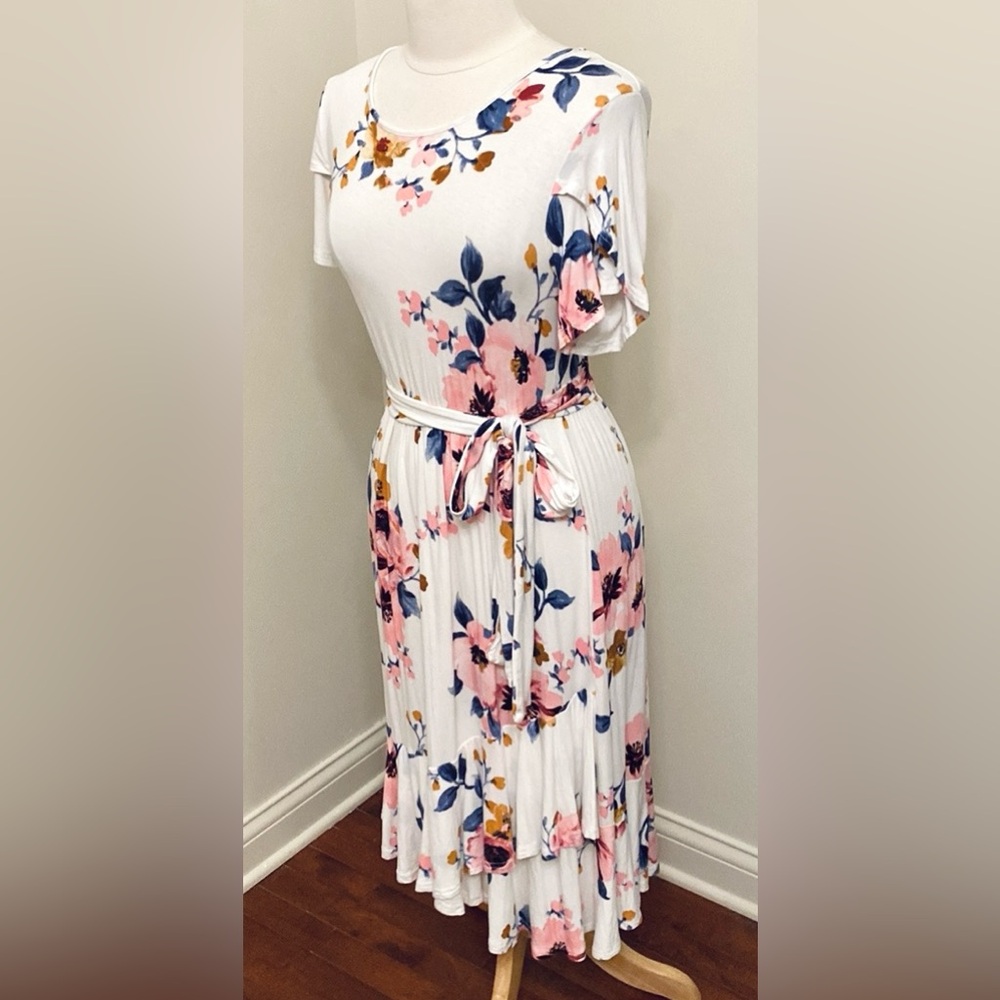 Levaca White Blue Pink Floral SZ S Romantic Boho Chic Coastal Ruffled Dress - Picture 4 of 12